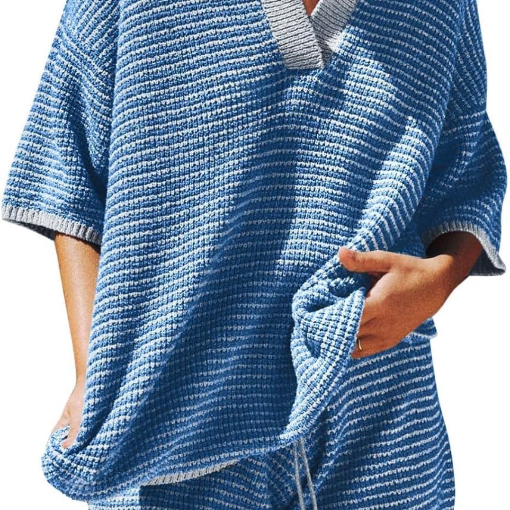 Oversized 3/4 Sleeve V Neck Sweater Set With High Waisted Shorts